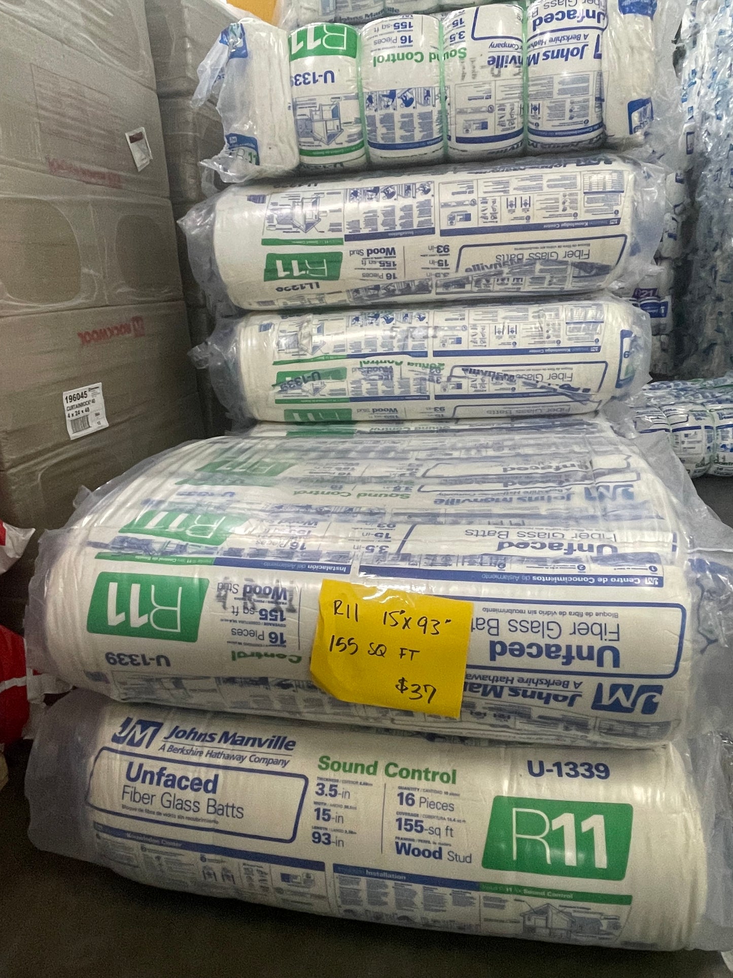 Johns Manville R-11 Unfaced Fiberglass Insulation Batts – 155 SQ FT (15" x 93")