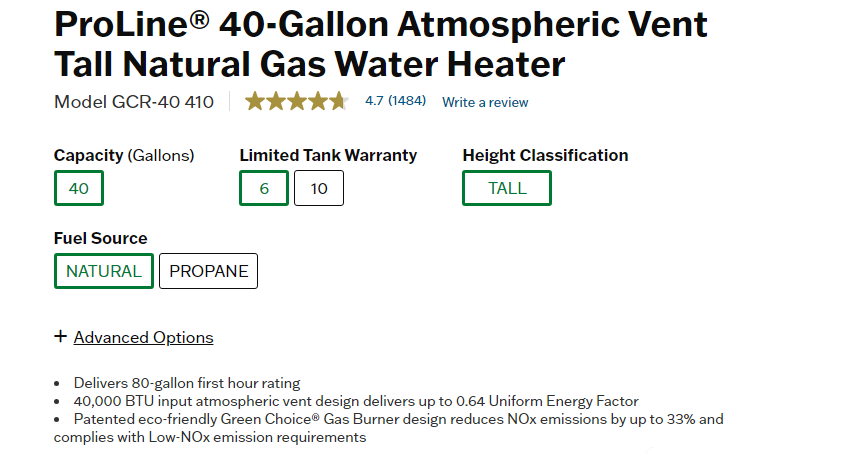 ProLine® 40-Gallon Atmospheric Vent Tall Natural Gas Water Heater