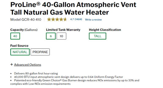 ProLine® 40-Gallon Atmospheric Vent Tall Natural Gas Water Heater