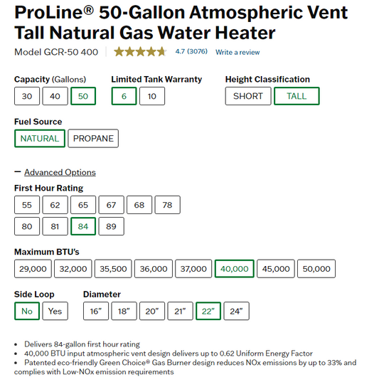ProLine® 50-Gallon Atmospheric Vent Tall Natural Gas Water Heater