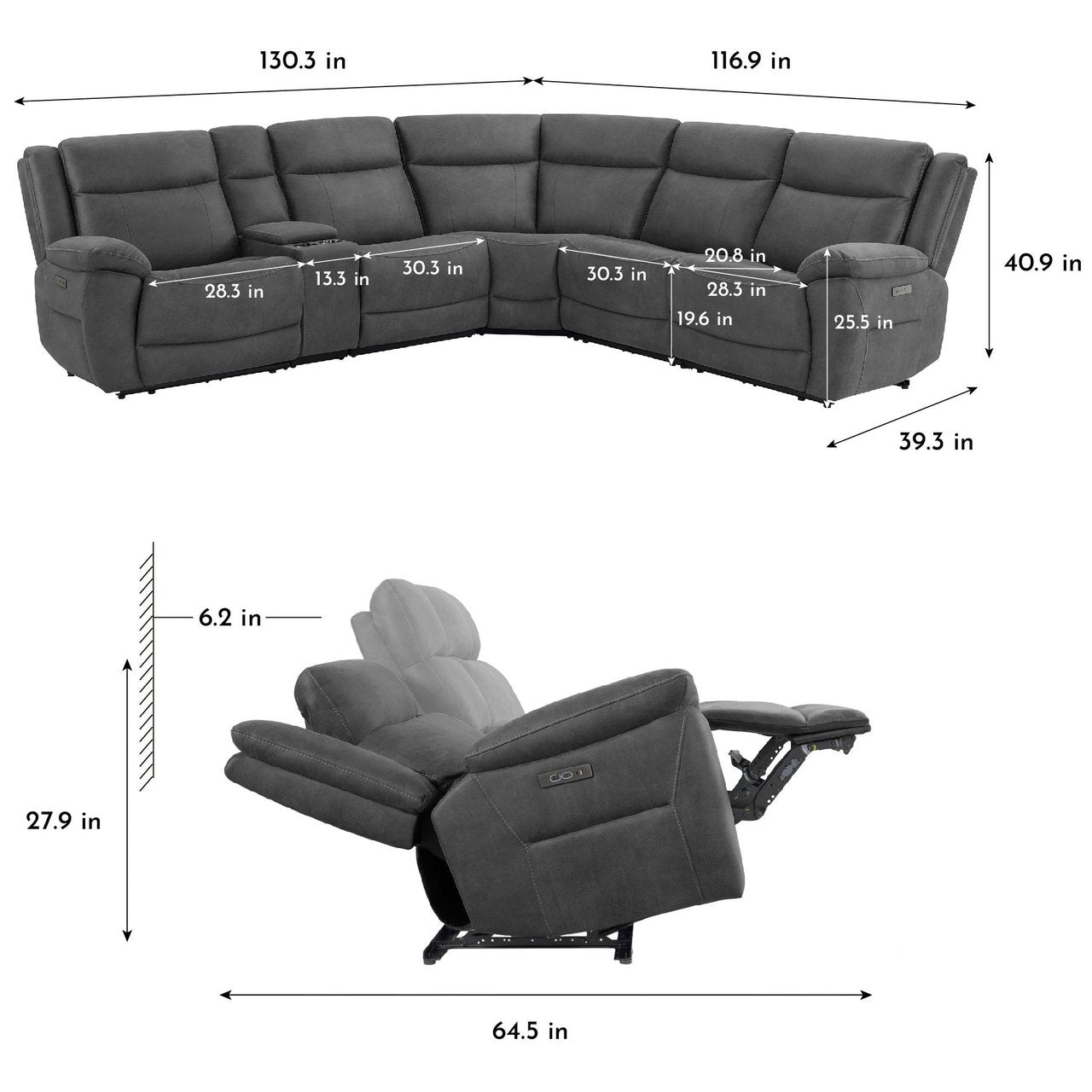 Grey 6pc Reclining Sectional