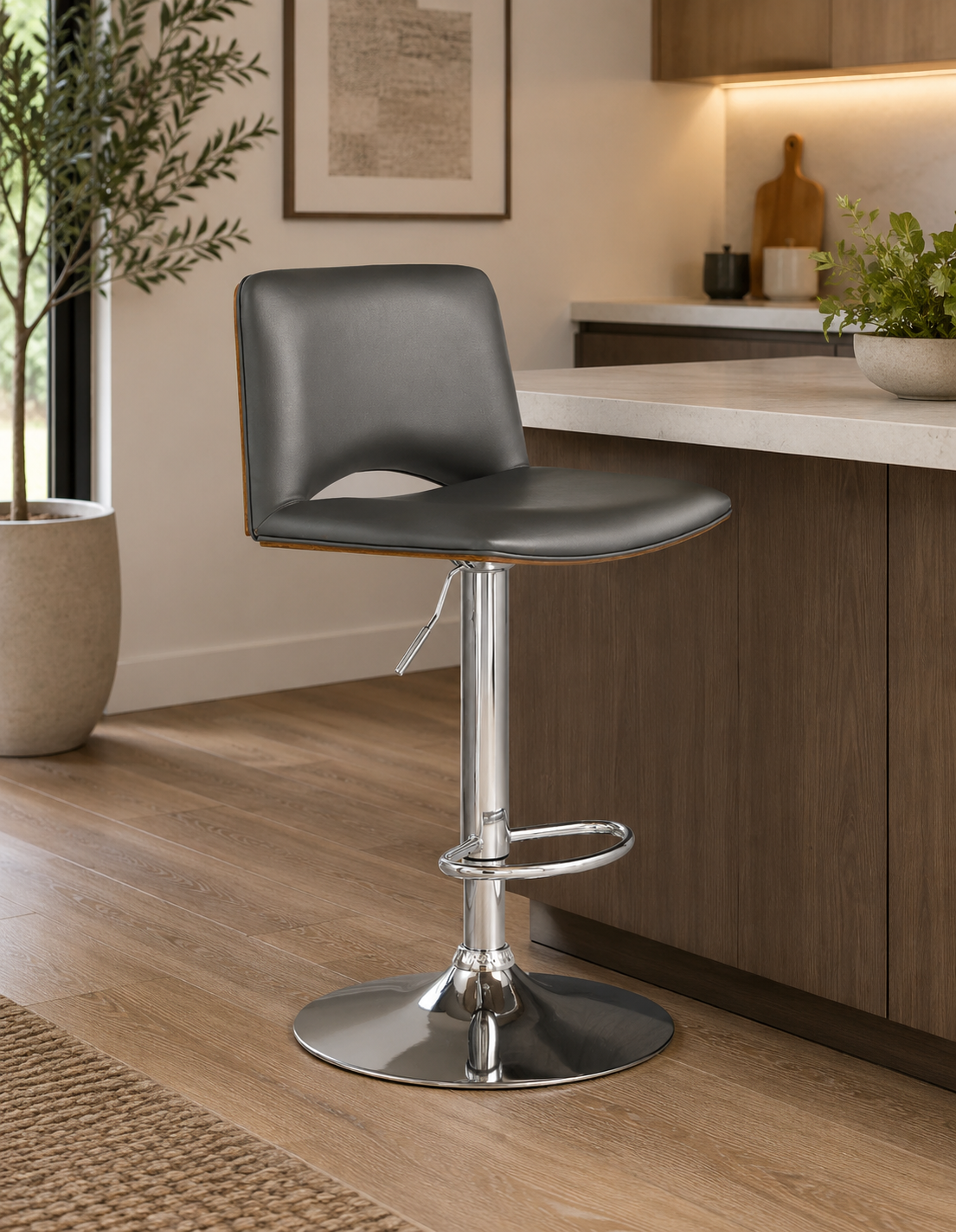 Thierry Adjustable Swivel Bar Stool – Gray Faux Leather & Walnut Finish