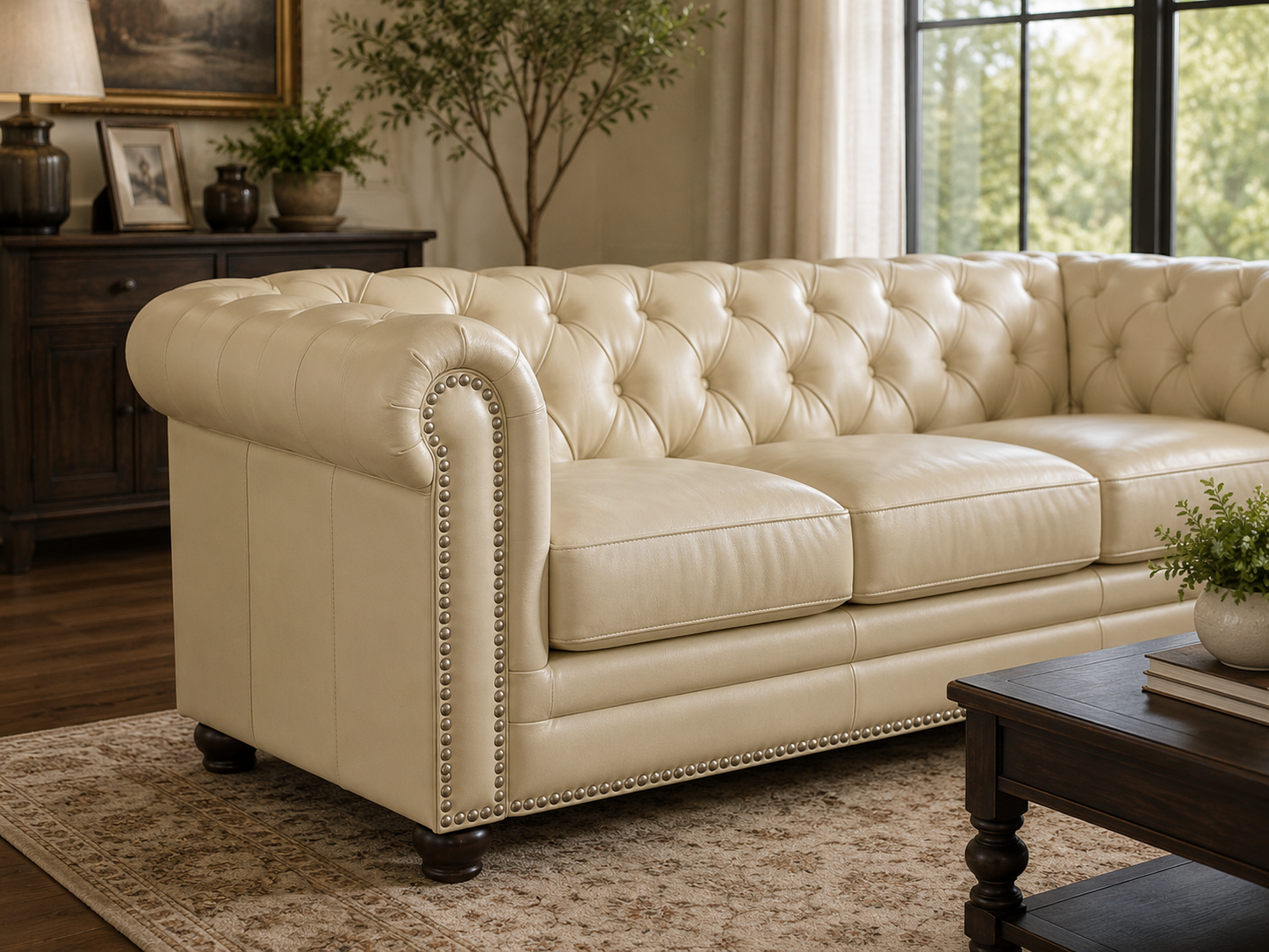Prospera Home Chesterfield Sofa & Chair Set – Eggshell White Top-Grain Leather