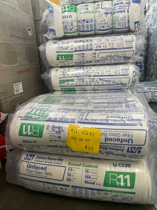 Johns Manville R-11 Unfaced Fiberglass Insulation Batts – 155 SQ FT (15" x 93")