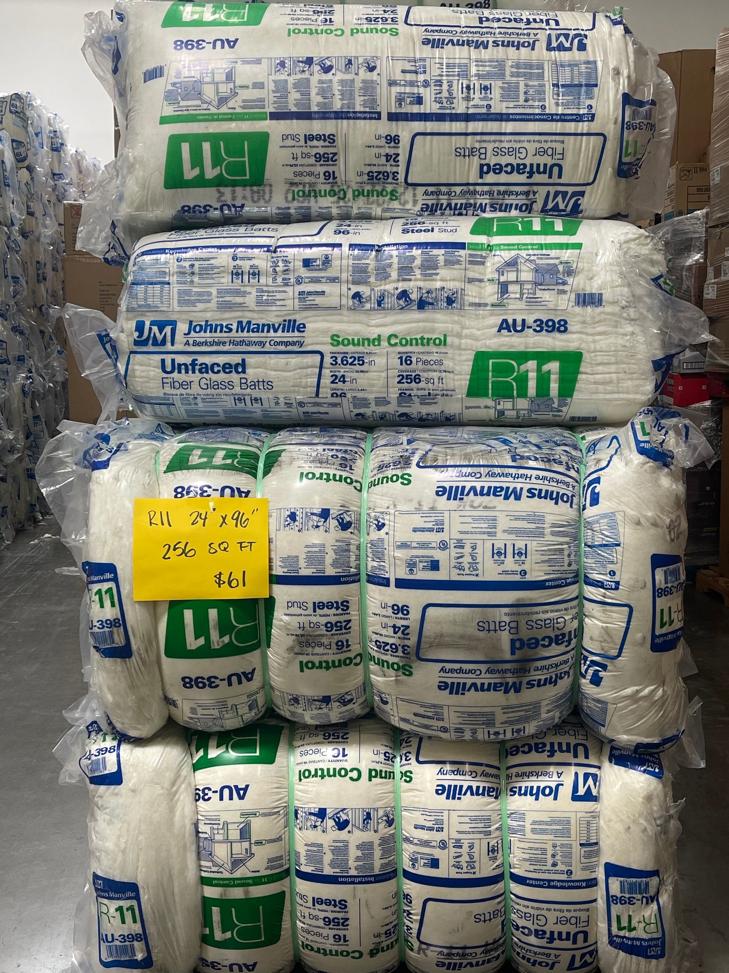 Johns Manville R-11 Unfaced Fiberglass Insulation – 256 SQ FT (24" x 96") – Steel Stud