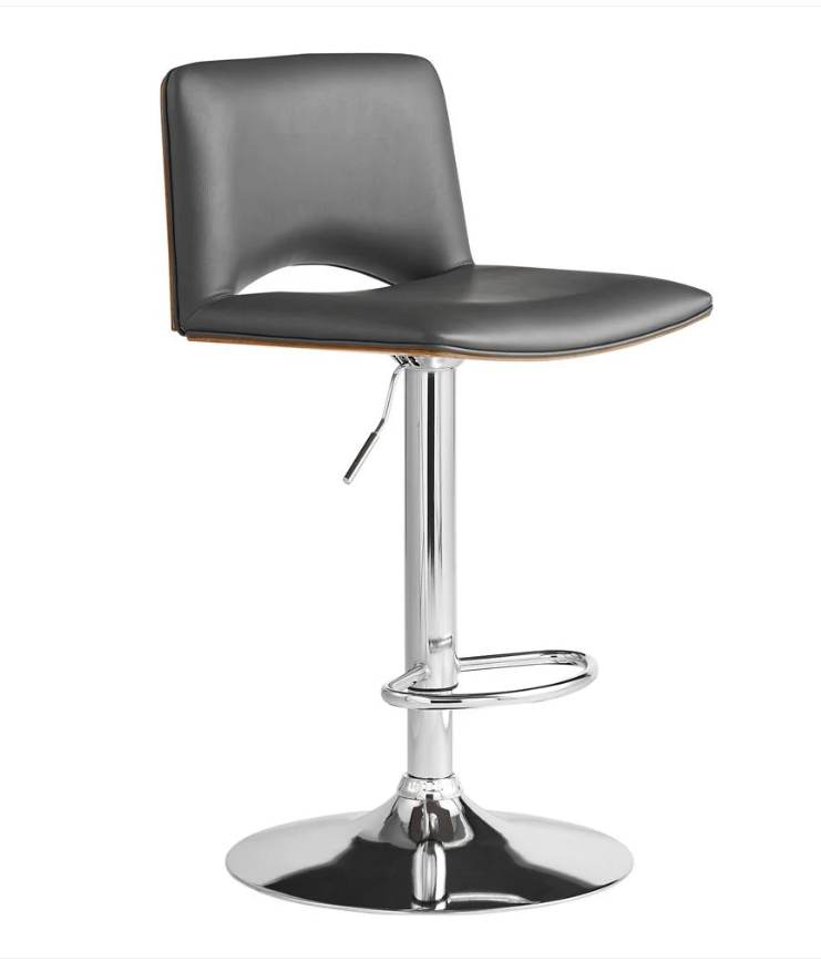 Thierry Adjustable Swivel Bar Stool – Gray Faux Leather & Walnut Finish