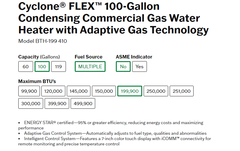 Cyclone® FLEX™ 100-Gallon Condensing Commercial Gas Water Heater with Adaptive Gas Technology