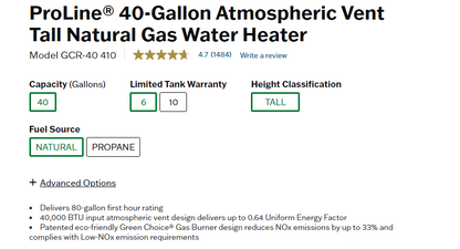 ProLine® 40-Gallon Atmospheric Vent Tall Natural Gas Water Heater