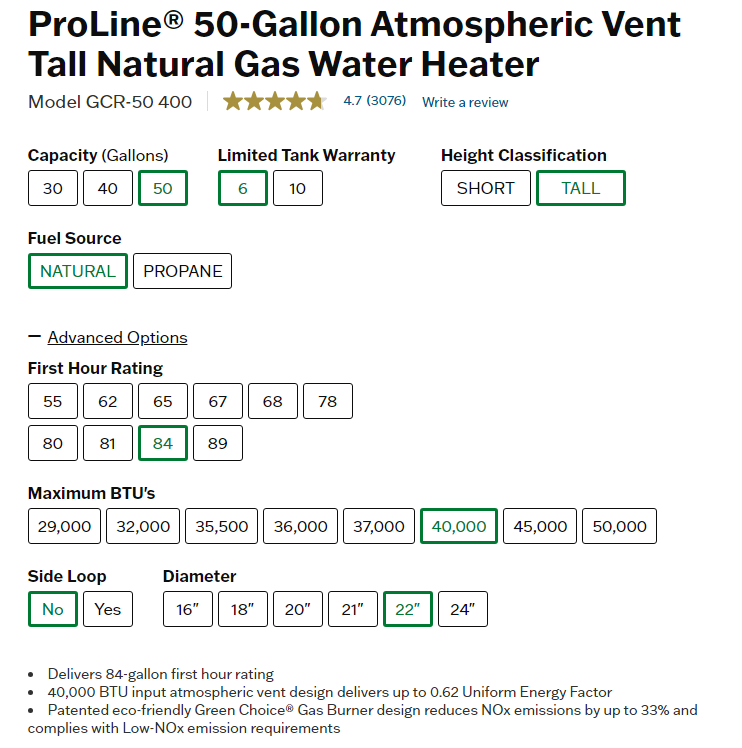 ProLine® 50-Gallon Atmospheric Vent Tall Natural Gas Water Heater