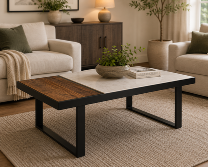 Contemporary Marble & Acacia Wood Coffee Table