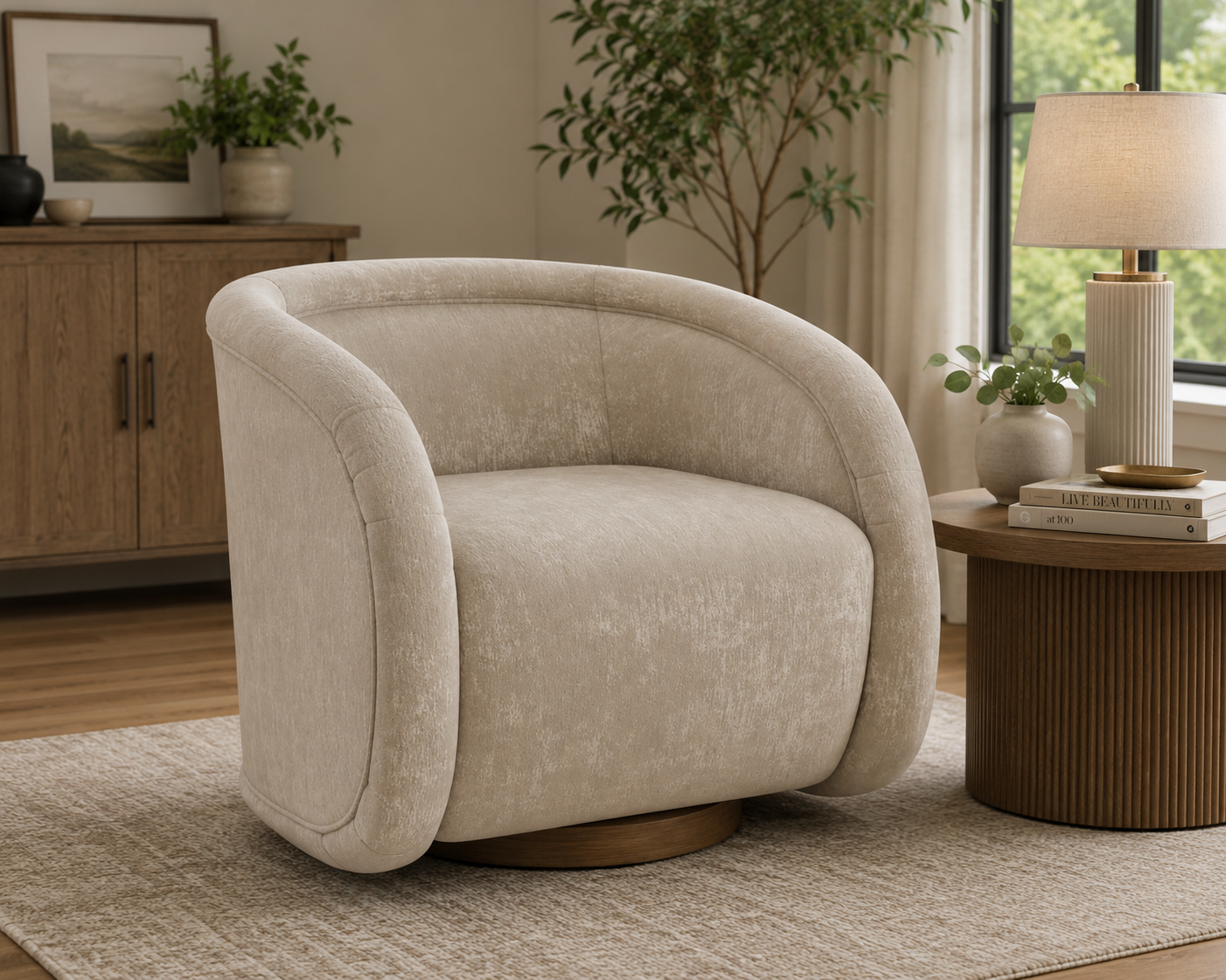 Henredon Contemporary Swivel Barrel Chair – Taupe