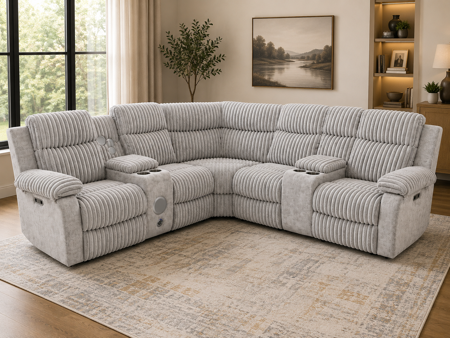 Power Reclining Corduroy Sectional with Bluetooth Speakers & LED Lighting