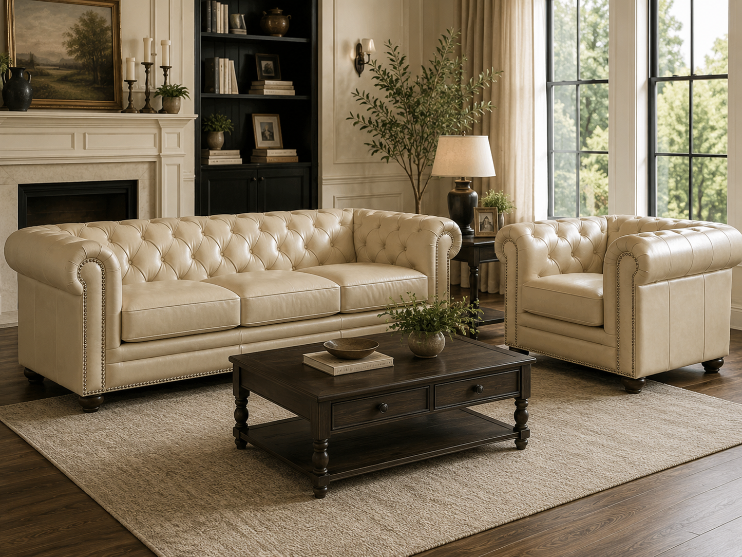 Prospera Home Chesterfield Sofa & Chair Set – Eggshell White Top-Grain Leather