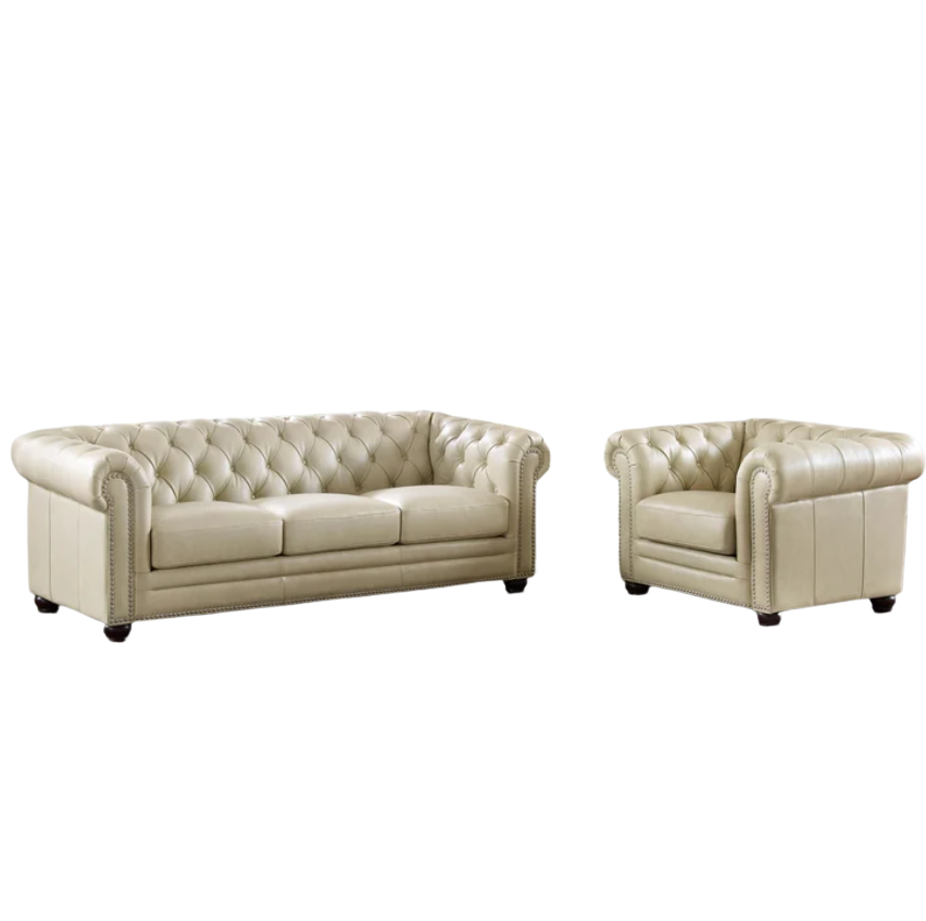 Prospera Home Chesterfield Sofa & Chair Set – Eggshell White Top-Grain Leather
