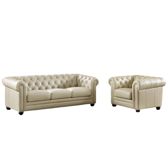 Prospera Home Chesterfield Sofa & Chair Set – Eggshell White Top-Grain Leather