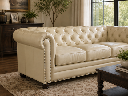 Prospera Home Chesterfield Sofa & Chair Set – Eggshell White Top-Grain Leather
