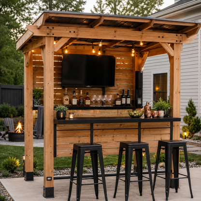 Outdoor Cedar Entertainment Bar Gazebo with Steel Roof & PowerPort®